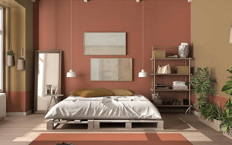 Bedroom furniture and harmonious floor and wall color interior design