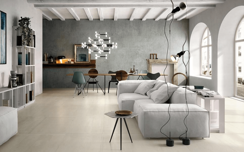 Matching Light-Colored Ceramic Floors