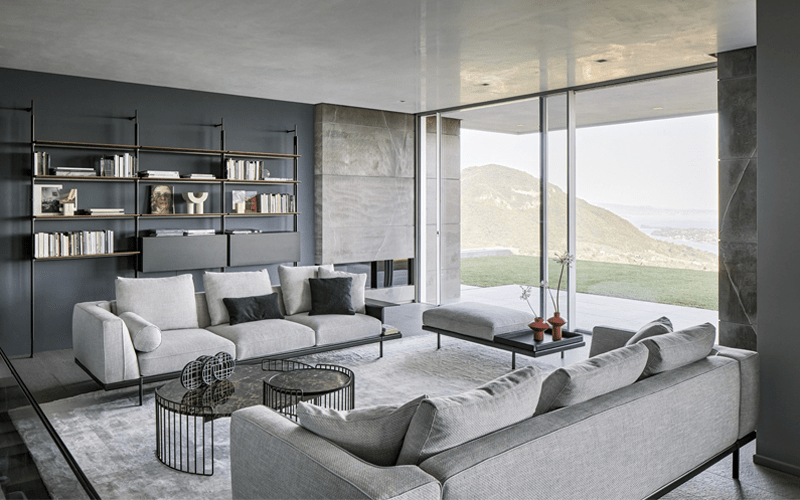 Modern living room furniture with coordinated sofas and interior design