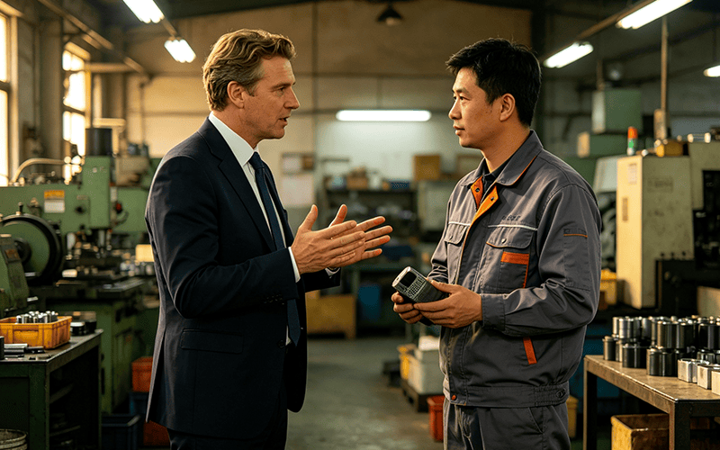 Overseas furniture buyer discussing order details with a Chinese manufacturer on a production site