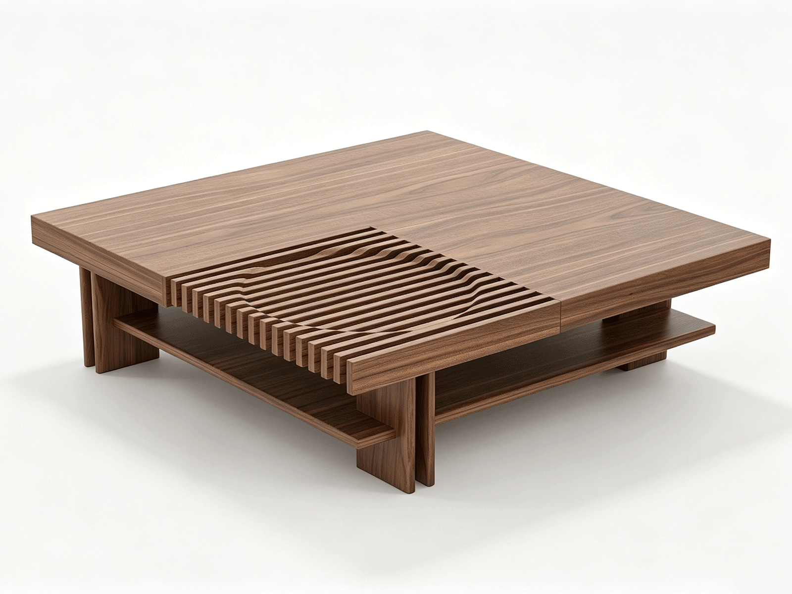 Onda — Table basse en bois à lattes ondulées ton noyer