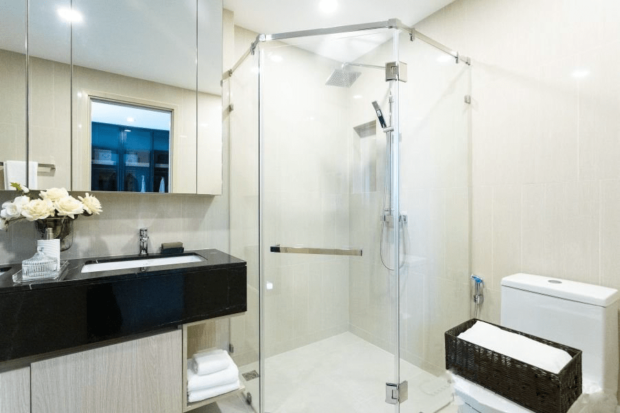 Clean, Practical Bathroom Storage.